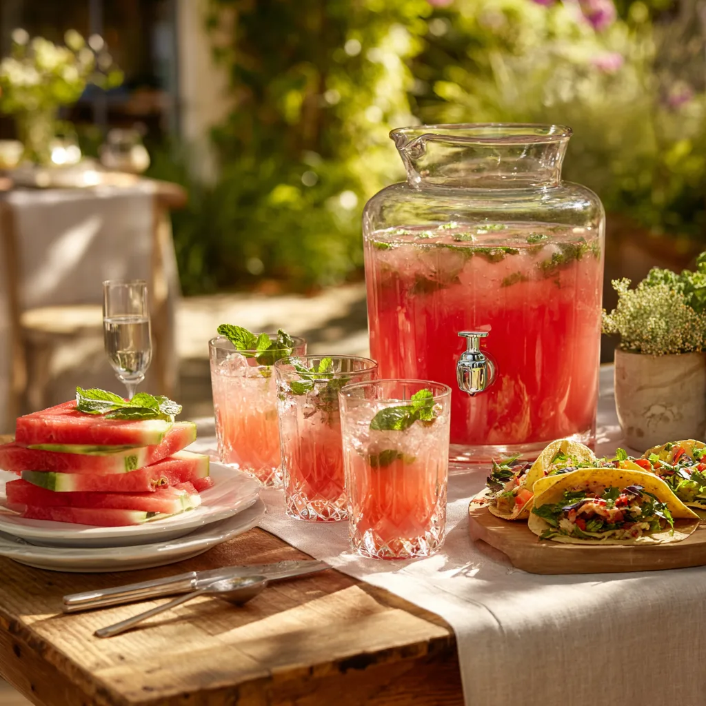 Agua Fresca à la Pastèque et Menthe servie sur table pour déjeuner estival