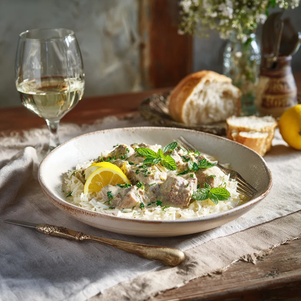 Assiette blanquette de veau printanière dressée avec riz basmati et herbes fraîches
