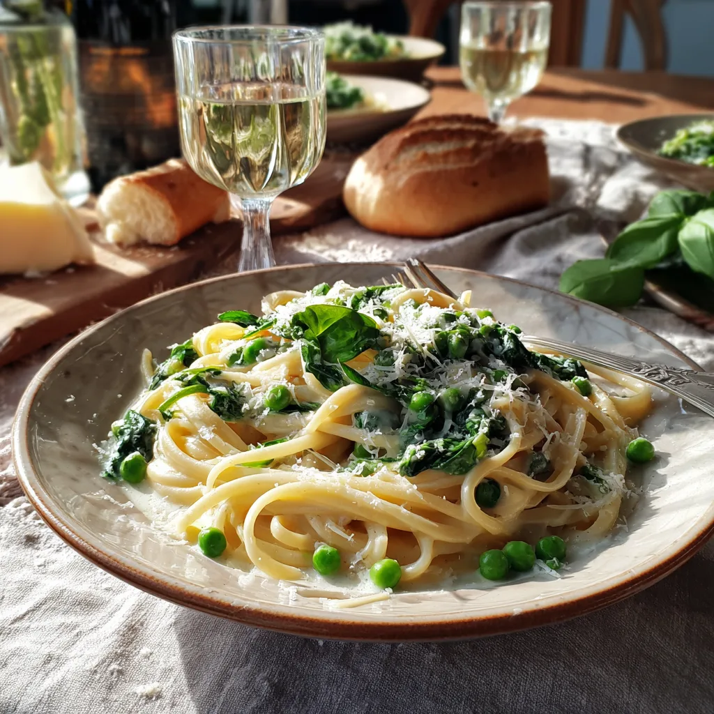 Assiette de spaghettis sauce petits pois et épinards dressée sur une table