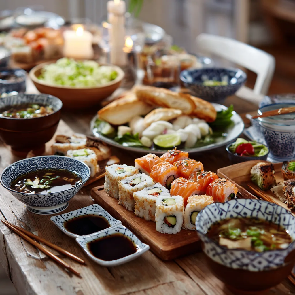 Assiette de Sushi Californien maison avec accompagnements japonais sur table