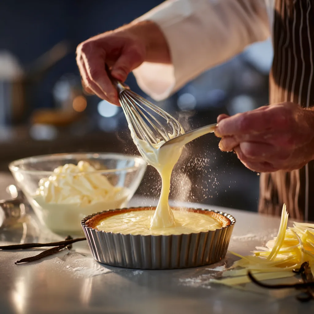 Préparation du Bavarois Vanille Nid de Pâques versement de la crème anglaise vanillée dans le moule