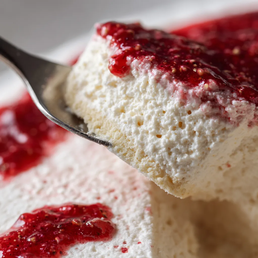 Gros plan texture mousseuse et onctueuse du Bavarois Vanille Nid de Pâques avec grains de vanille