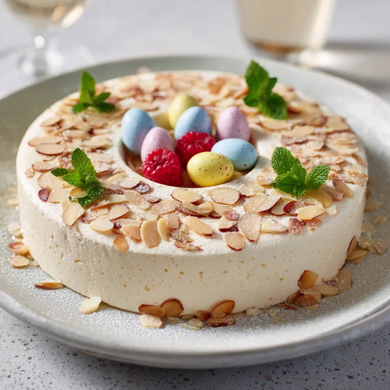 Bavarois Vanille Nid de Pâques décoré d'amandes effilées et œufs en chocolat colorés vue de dessus