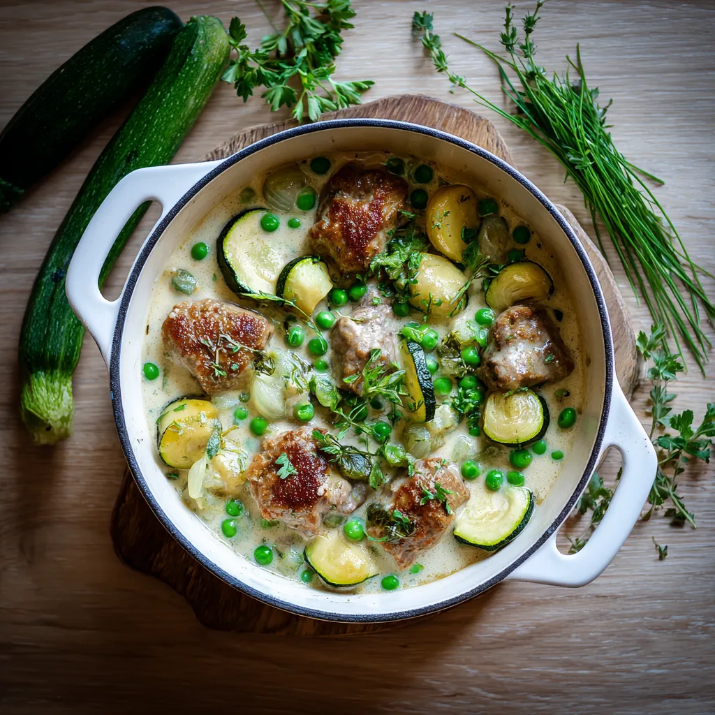 Blanquette de veau printanière crémeuse avec petits pois et courgettes dans une cocotte blanche