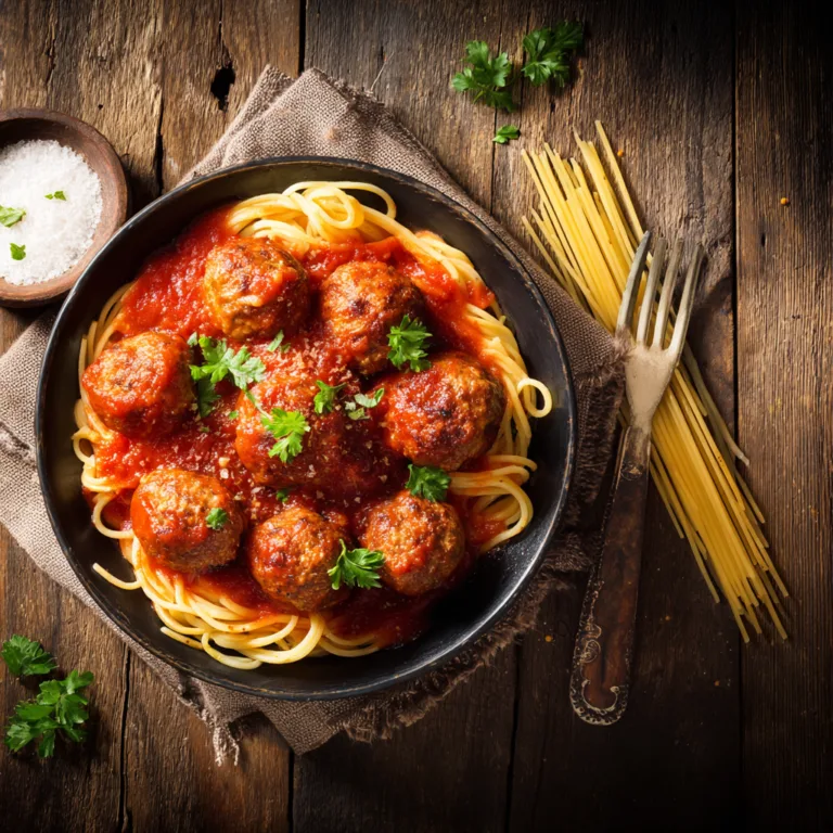 Boulettes de viande maison dorées sauce tomate et spaghettis vue dessus