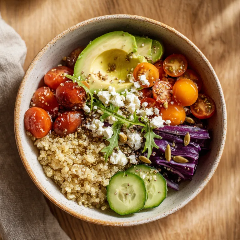 Bowl végétarien au quinoa avec feta, tomates, avocat et légumes frais en vue de dessus