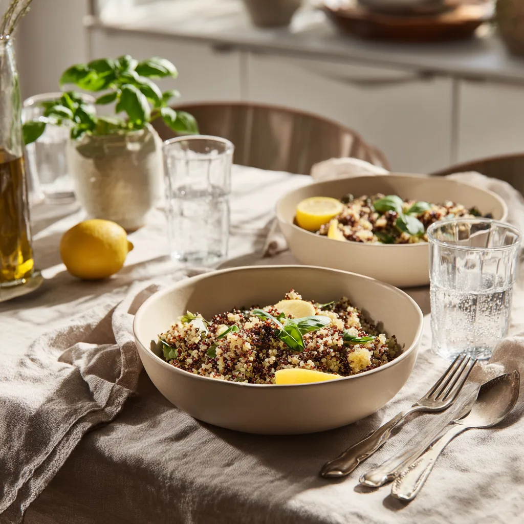 Bowl végétarien au quinoa et feta dressé sur table à manger avec accompagnements