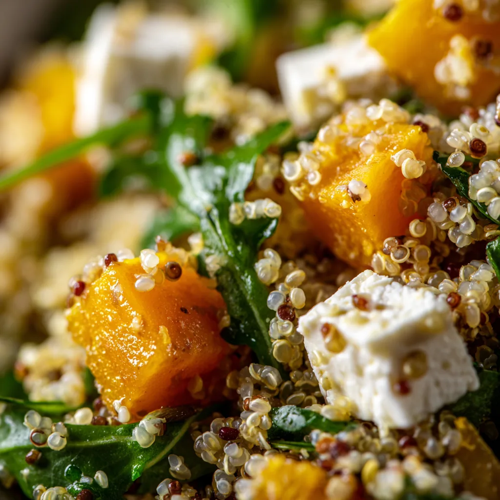 Gros plan des textures d'un bowl végétarien au quinoa avec feta émiettée et graines