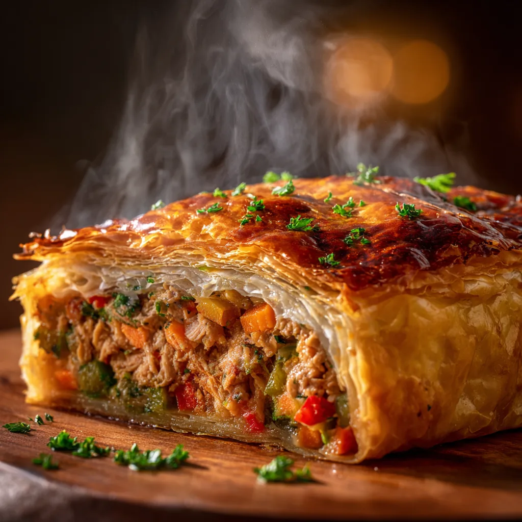 Gros plan sur la farce de bricks au thon et légumes avec thon et légumes colorés