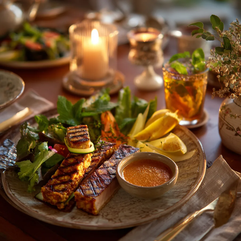 Bricks au thon et légumes servies sur table avec salade et sauce harissa