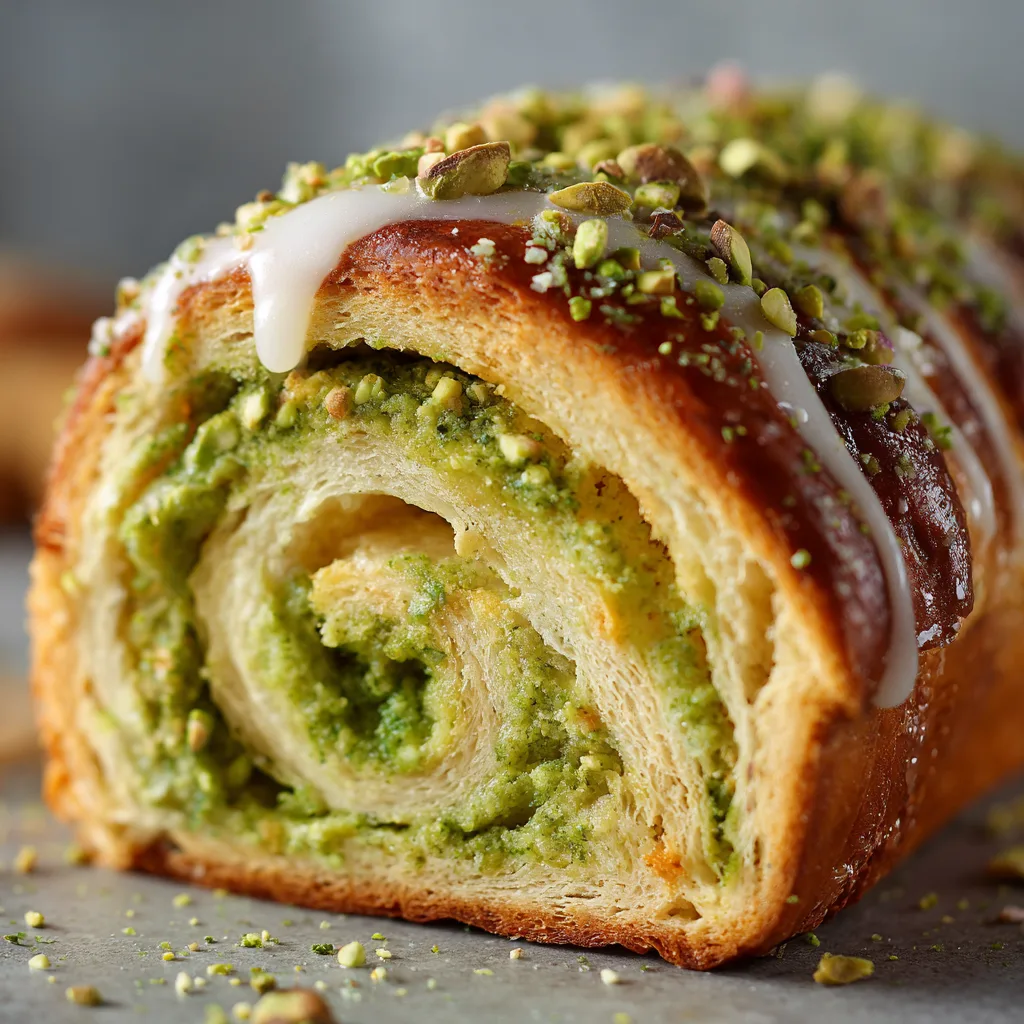 Gros plan brioche roulée à la pistache mie filante et garniture crème pistache