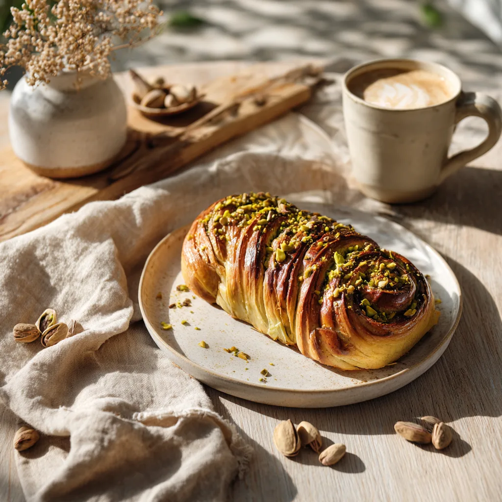 Brioche roulée à la pistache présentée sur table avec café au petit-déjeuner