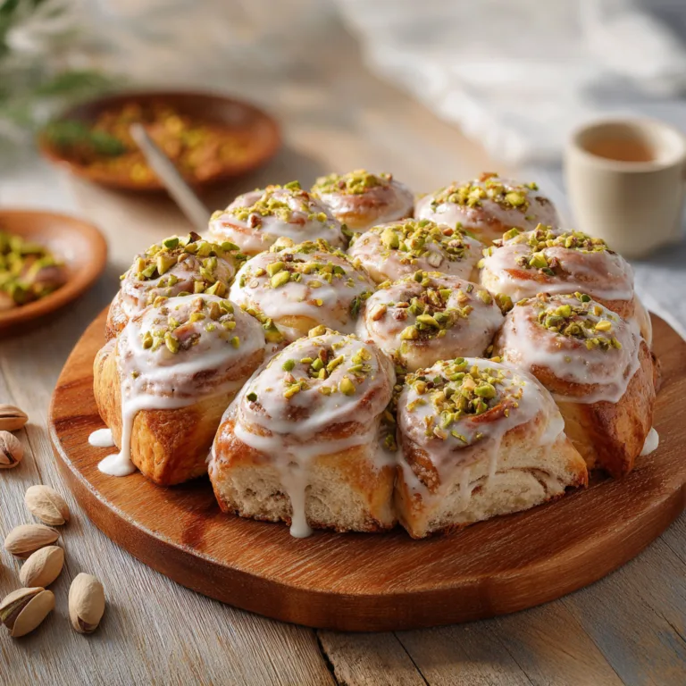 Brioche roulée à la pistache vue de dessus sur plateau en bois