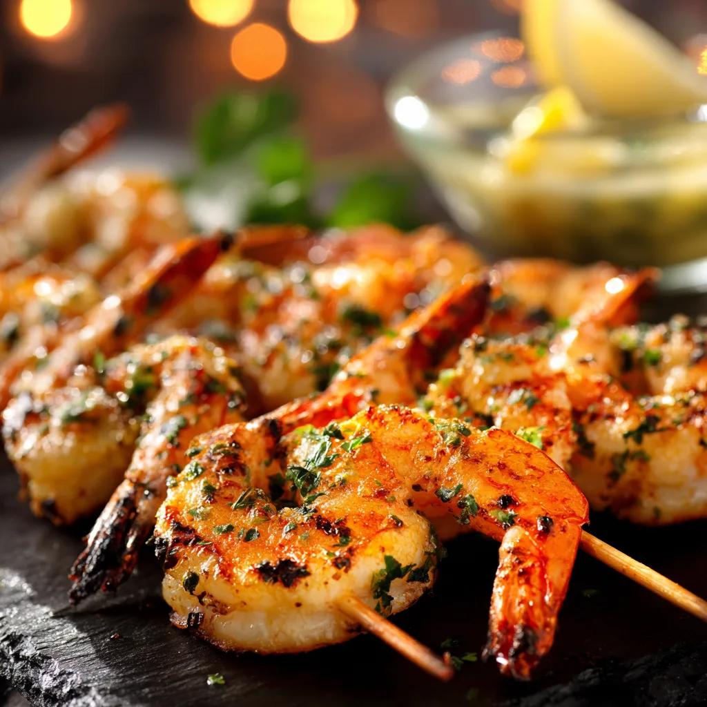 Gros plan sur des brochettes de crevettes grillées avec texture dorée et marinade maison