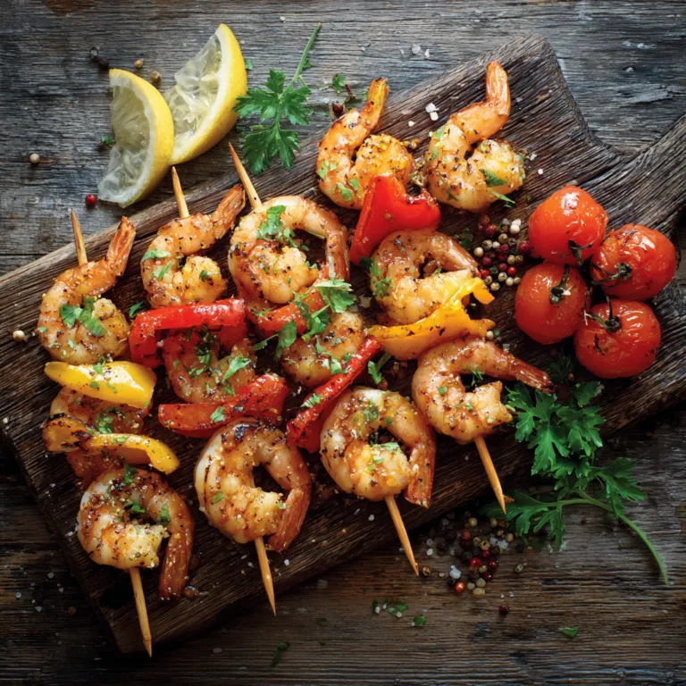 Brochettes de crevettes grillées à la marinade maison sur plateau en bois
