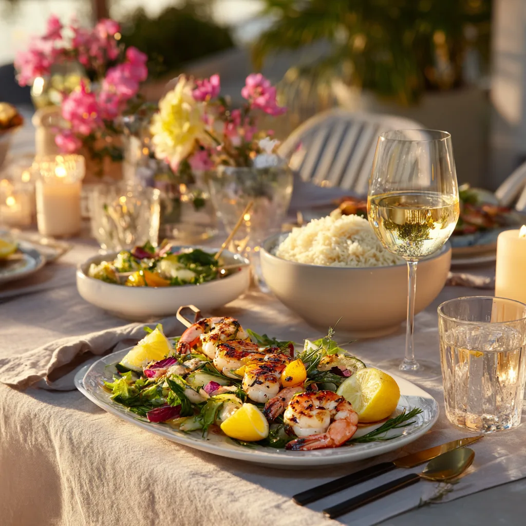 Assiette de brochettes de crevettes servie sur table dressée avec accompagnements estivaux