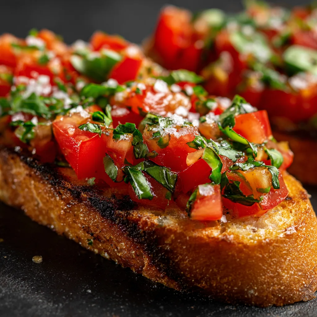 gros plan bruschetta tomates basilic texture pain grillé