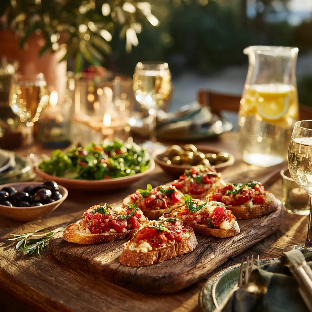 présentation bruschetta tomates basilic sur table apéritif italien