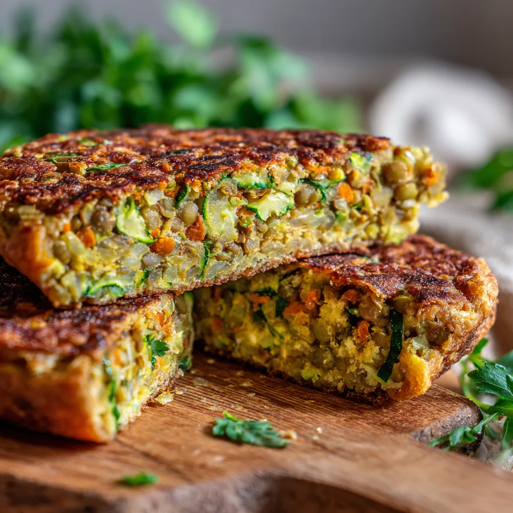 Gros plan galette burger végétarien aux lentilles carottes courgettes texture moelleuse et croustillante