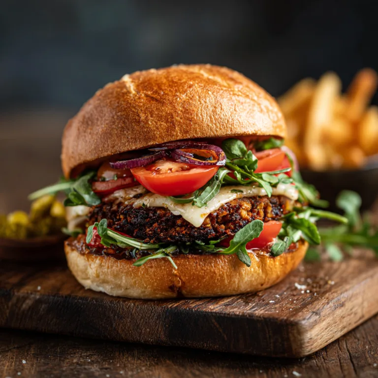 Burger végétarien maison complet avec galette de lentilles légumes fromage et pain brioché sur planche en bois