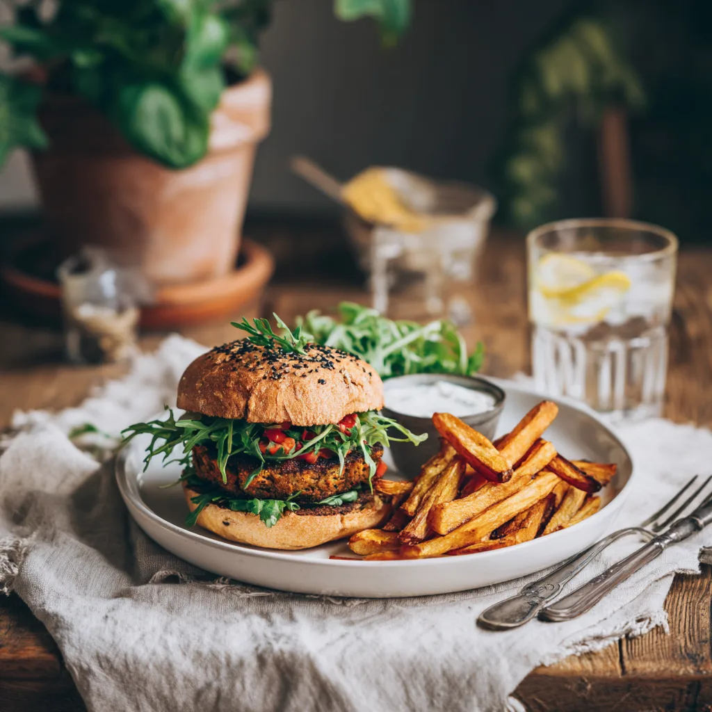 Burger végétarien gourmand servi avec frites maison salade et sauce sur table restaurant