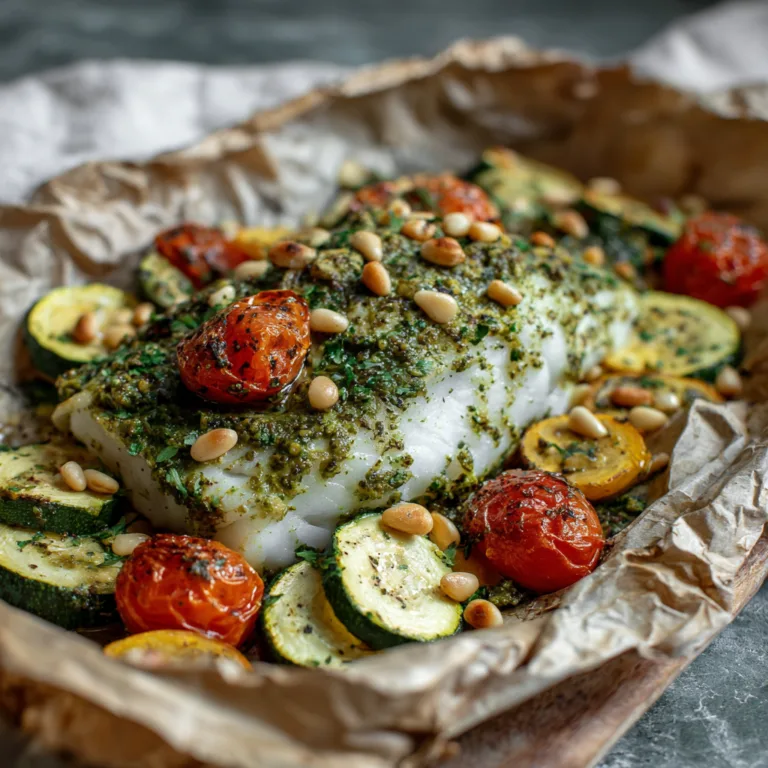Cabillaud en papillote au pesto ouvert avec légumes et pignons de pin