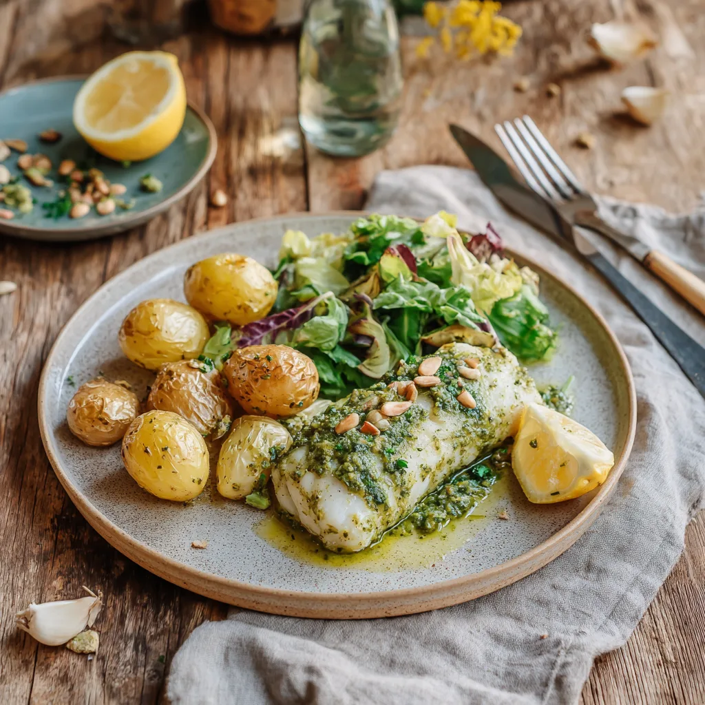 Assiette de cabillaud en papillote au pesto avec accompagnements