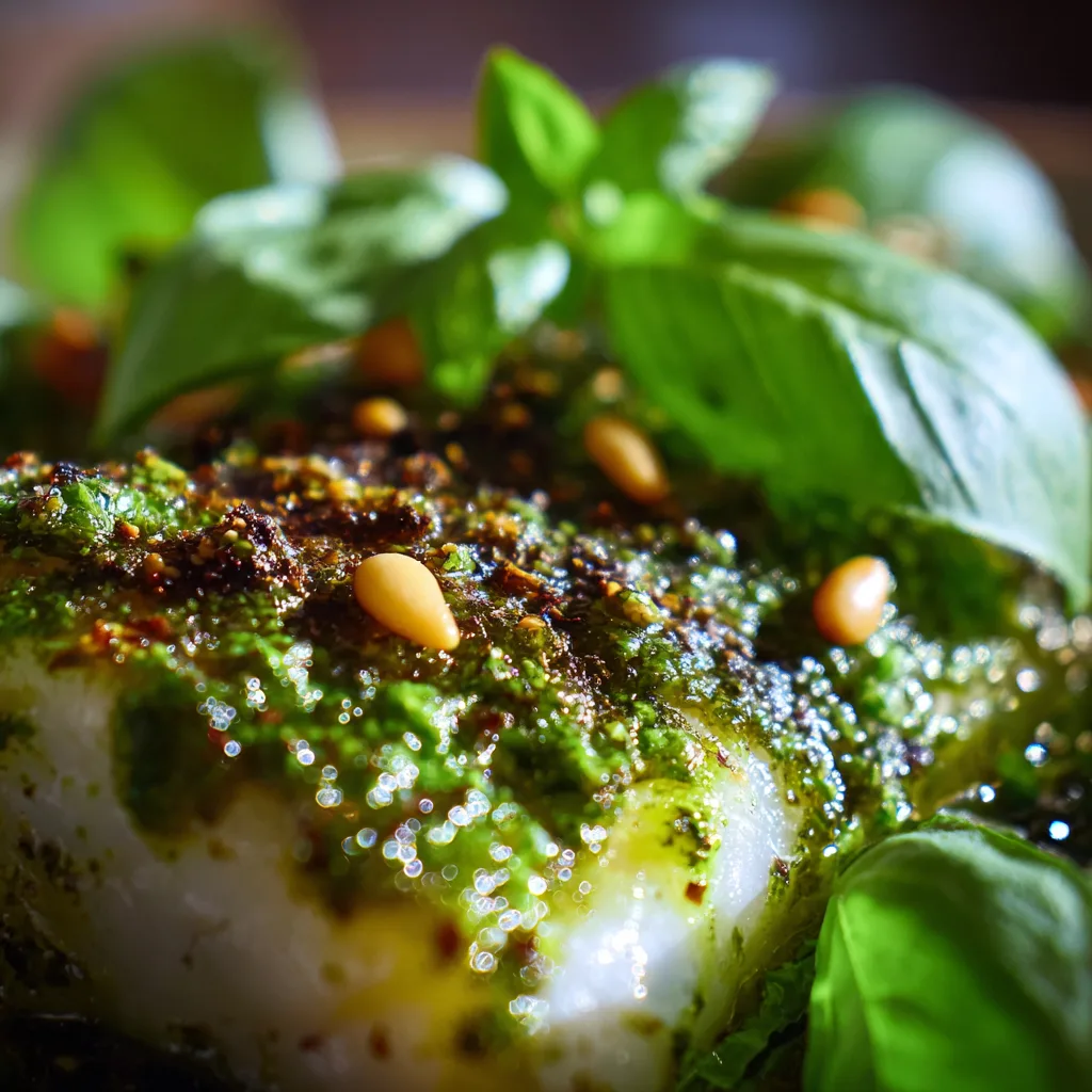 Gros plan du cabillaud au pesto montrant la texture moelleuse