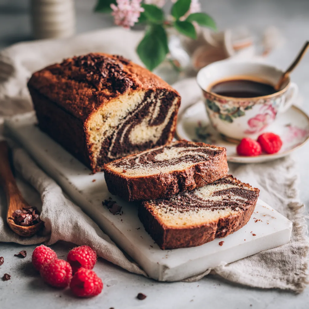 Cake marbré aux pépites de chocolat présenté sur table avec café et framboises