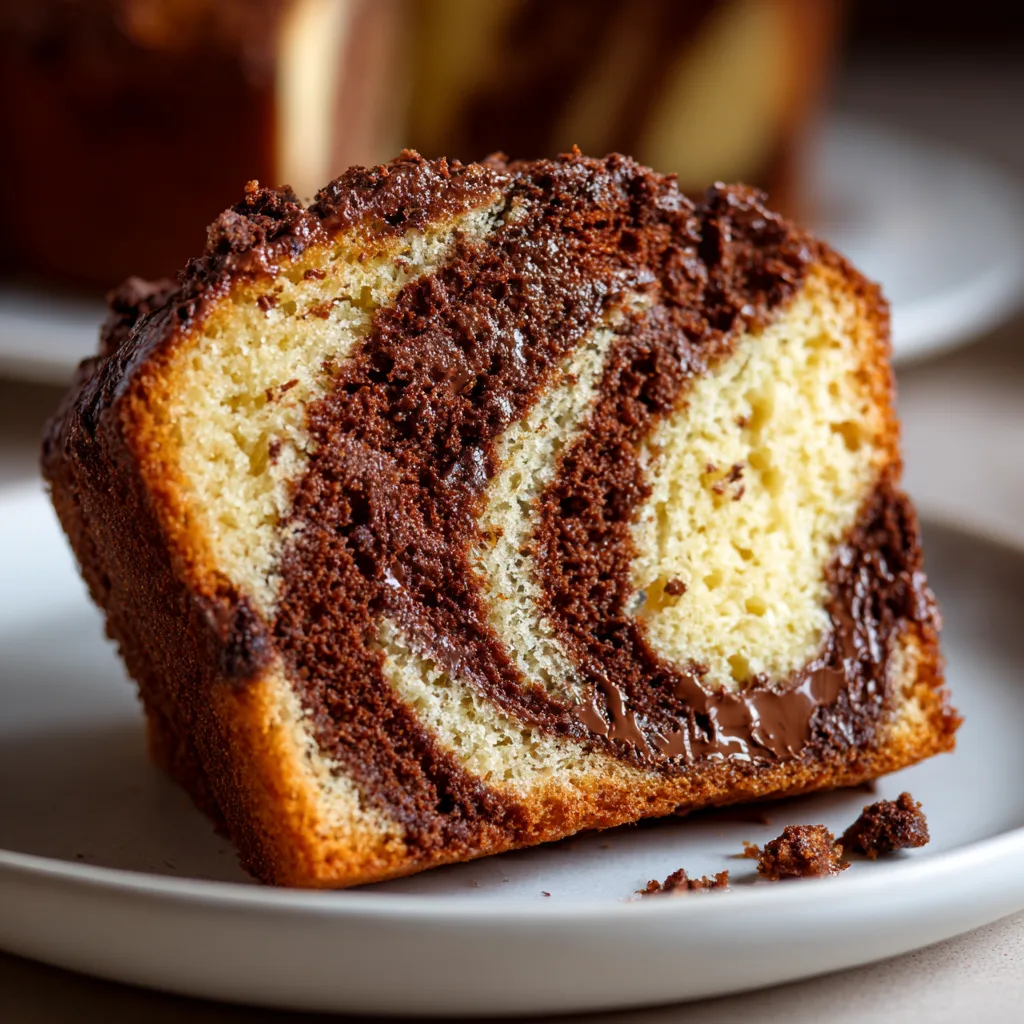 Gros plan texture moelleuse cake marbré aux pépites de chocolat tranche coupée