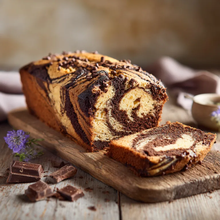 Cake marbré aux pépites de chocolat entier vue de dessus sur planche en bois