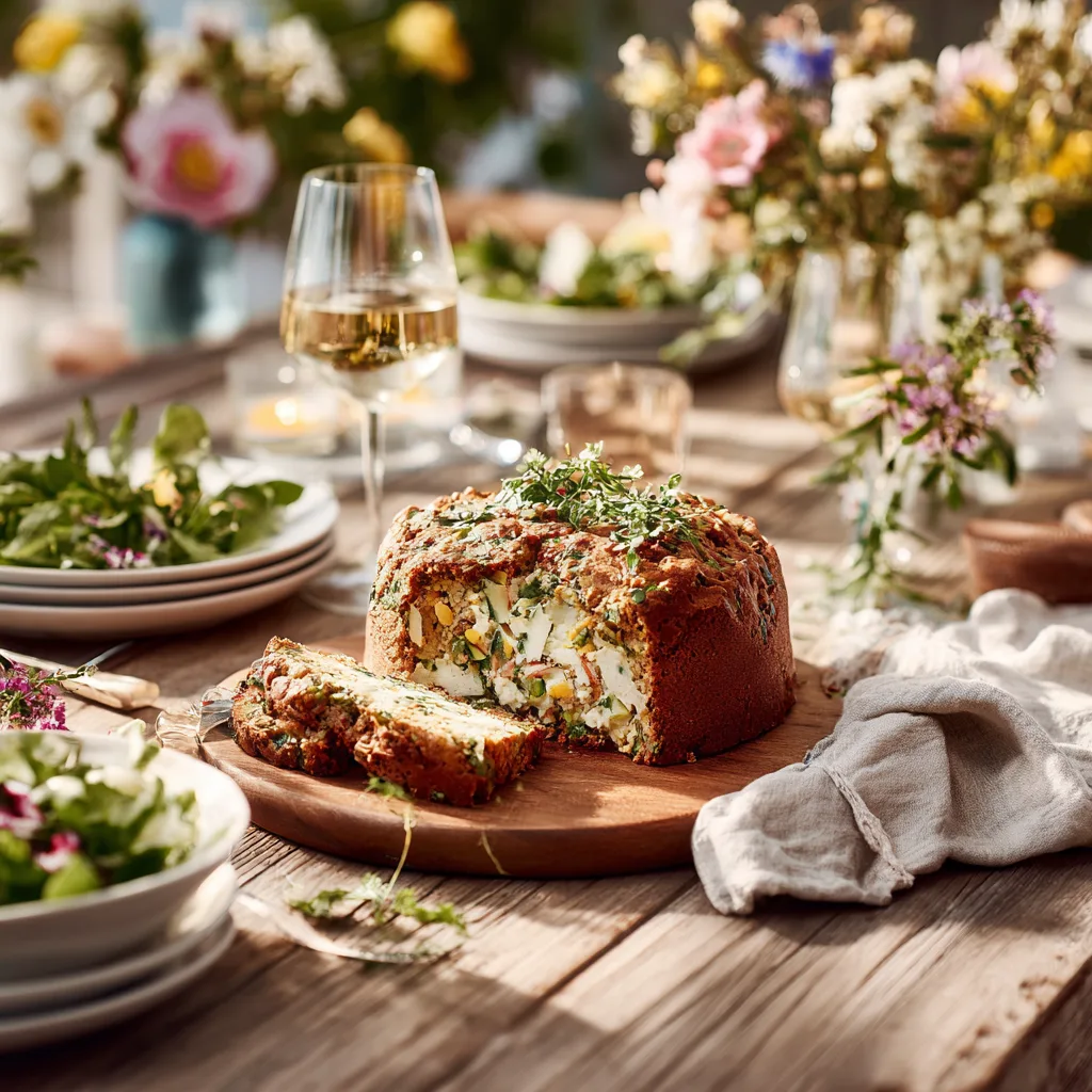 Cake salé aux légumes de saison servi avec accompagnements