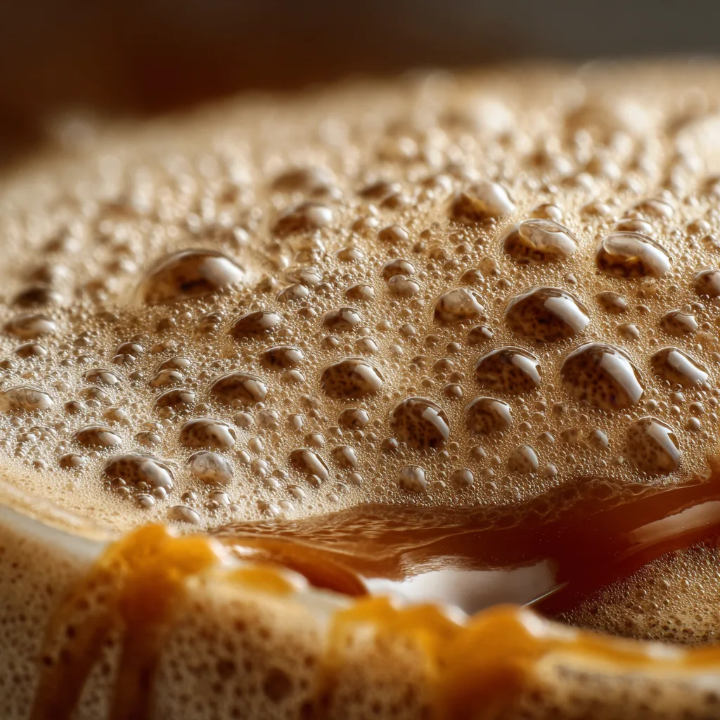 Gros plan texture mousse cappuccino caramel beurre salé avec fleur de sel