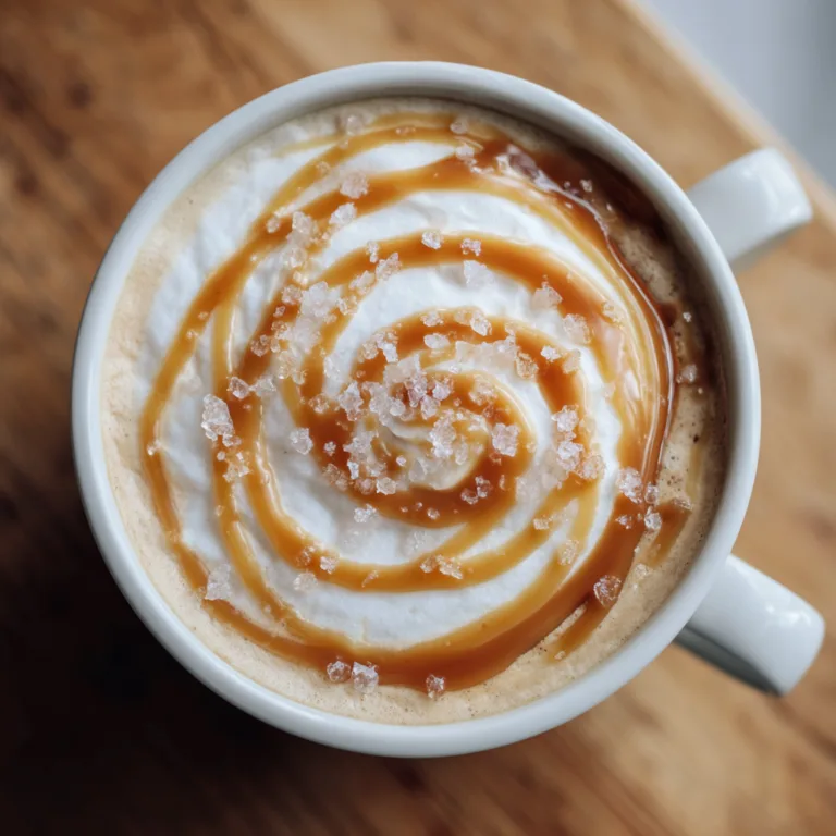 Cappuccino au Caramel Beurre Salé vue de dessus avec mousse de lait et fleur de sel
