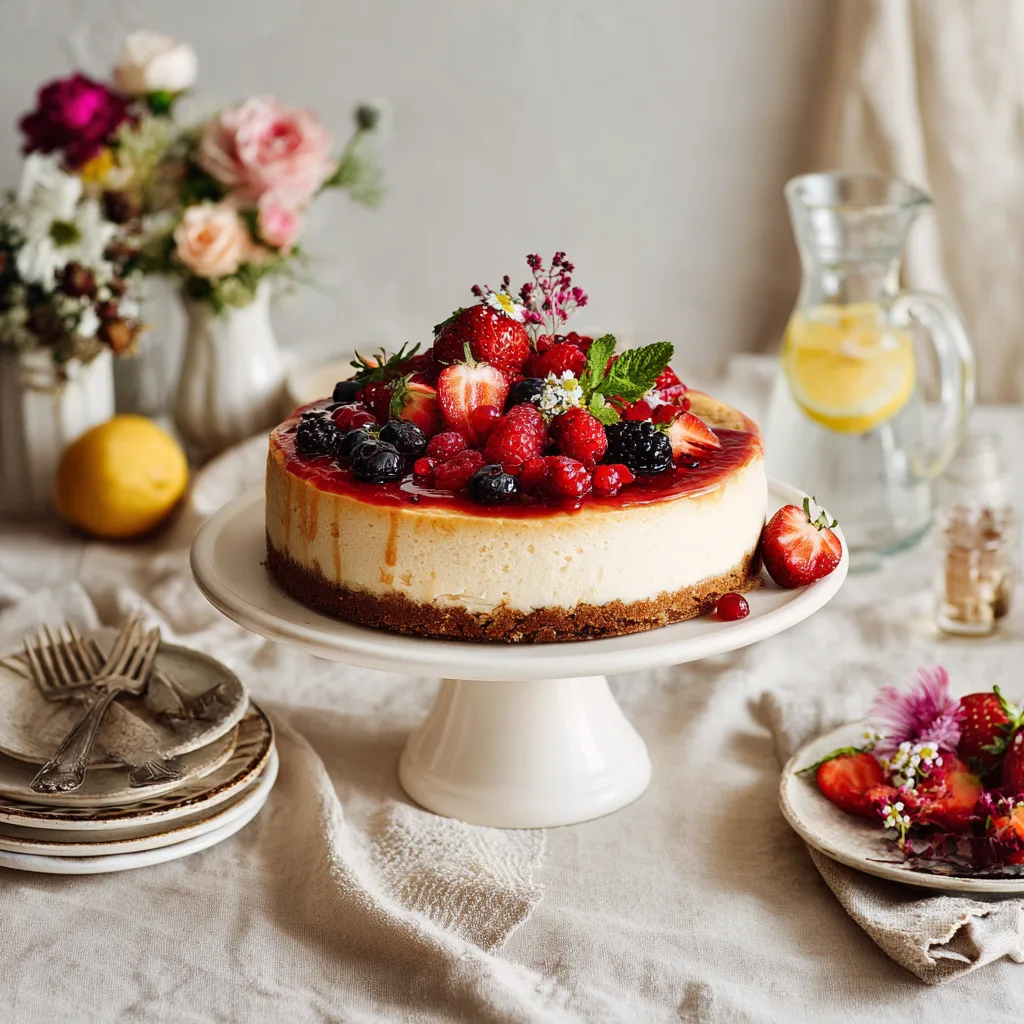 Cheesecake aux fruits rouges élégamment présenté sur une table dressée pour le service