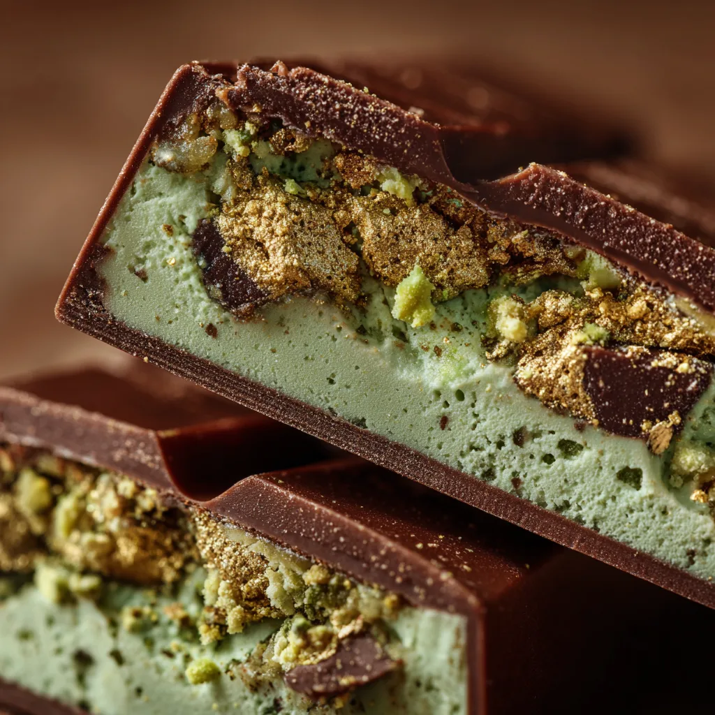 Gros plan sur l'intérieur du Chocolat Dubai Fourré Crémeux montrant la garniture pistache et kadaïf