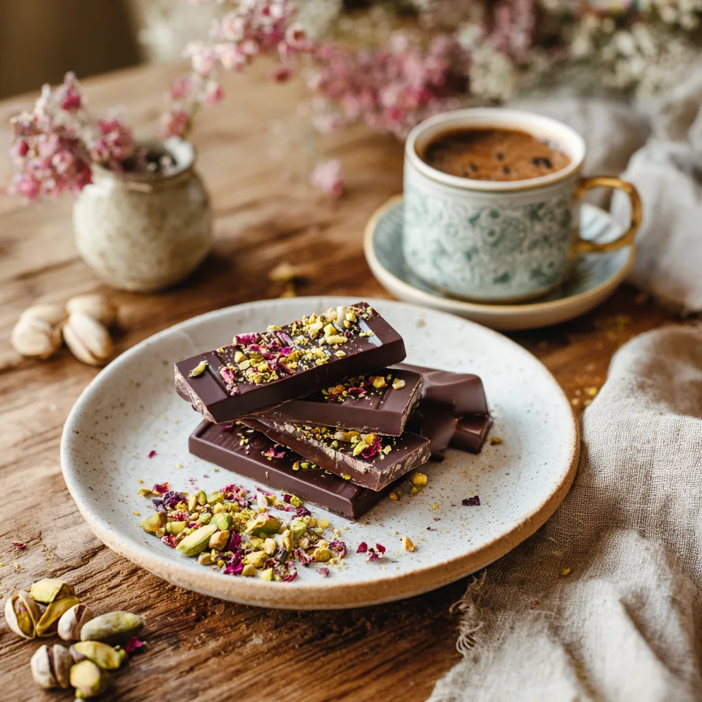 Présentation élégante du Chocolat Dubai Fourré Crémeux sur table avec café et décoration