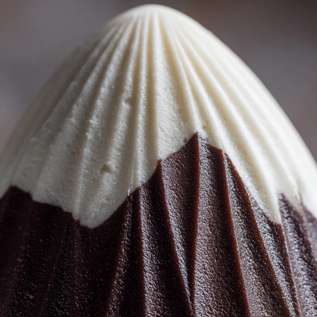 Gros plan cloche de Pâques chocolat noir et blanc montrant texture brillante