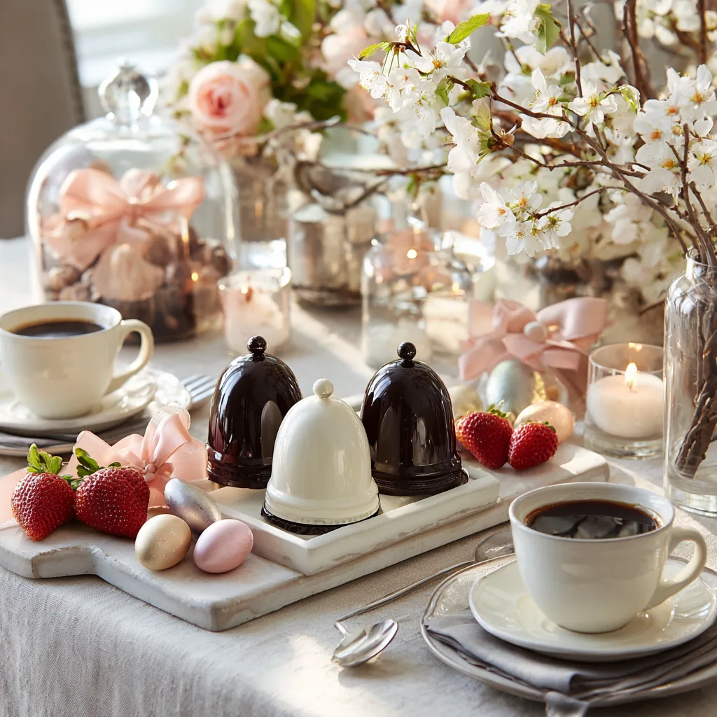 Cloche de Pâques chocolat noir et blanc présentée sur table festive décorée
