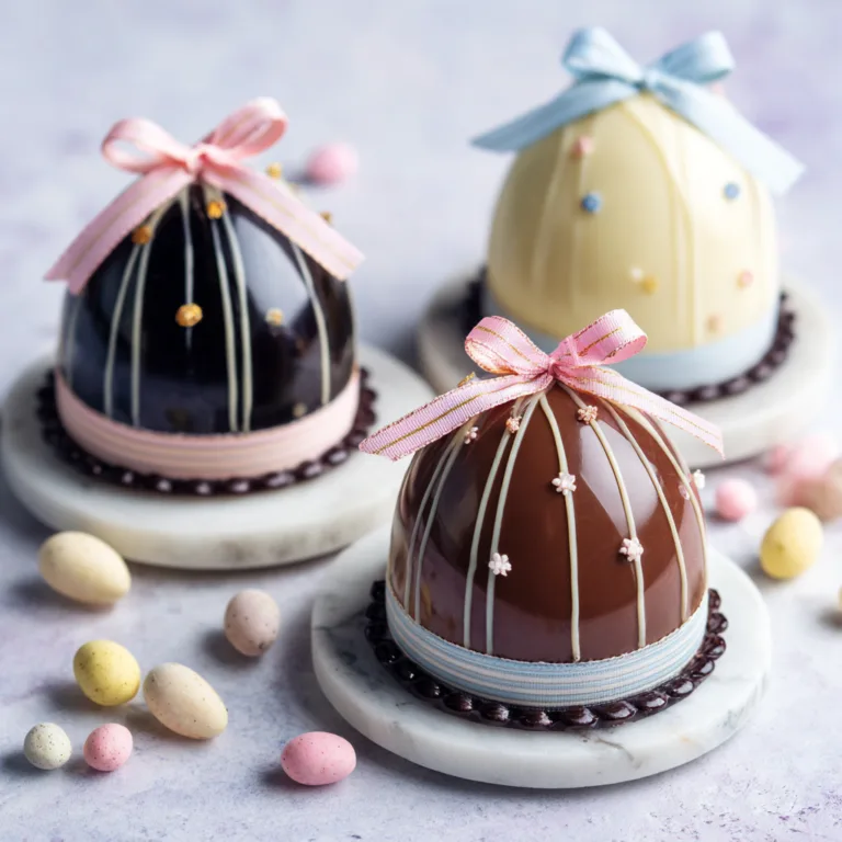 Cloche de Pâques en chocolat noir et blanc vue de dessus avec rubans décoratifs