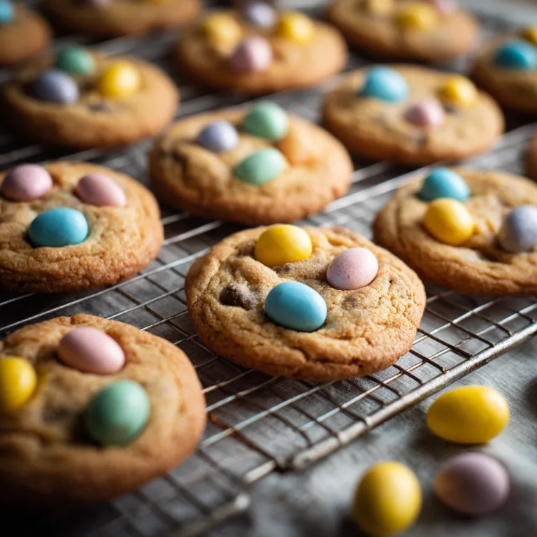Cookies aux œufs de Pâques maison dorés avec mini œufs colorés vue de dessus
