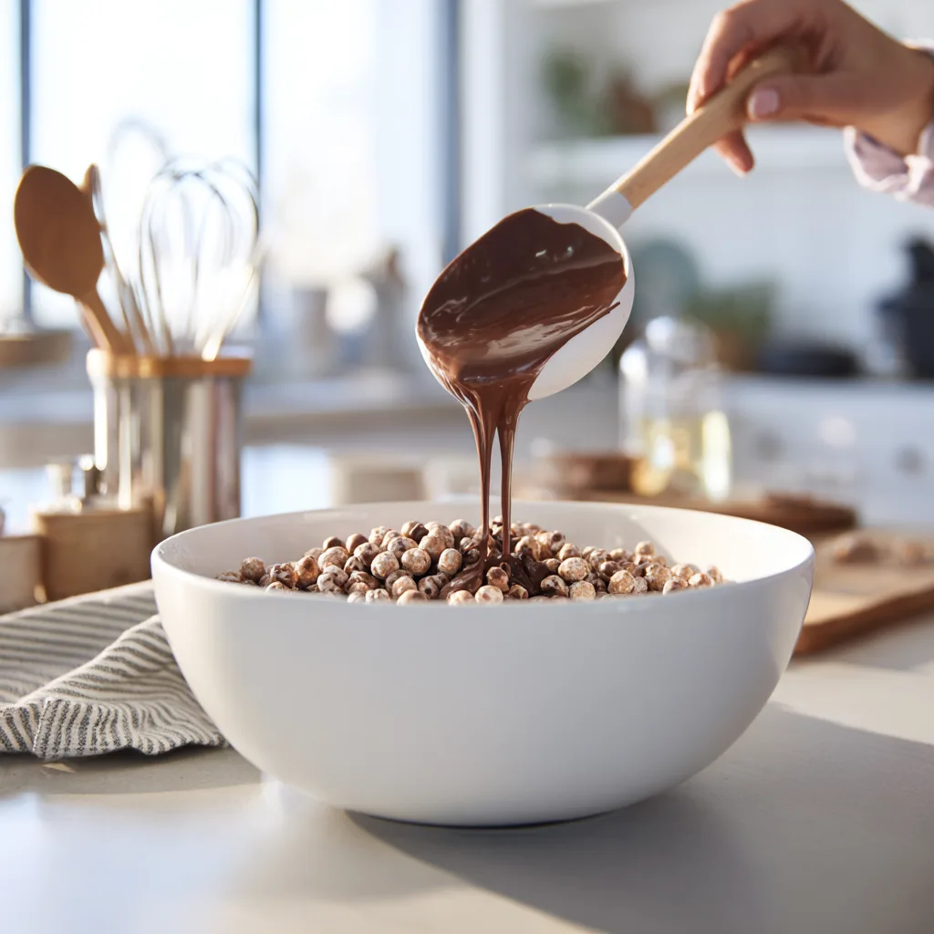 Préparation billes croquantes Crunchoko chocolat croquant en cuisine