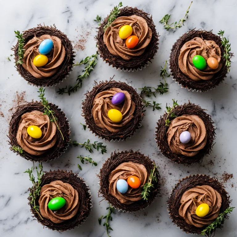 Cupcakes en forme de nid de Pâques au chocolat avec œufs colorés sur marbre blanc