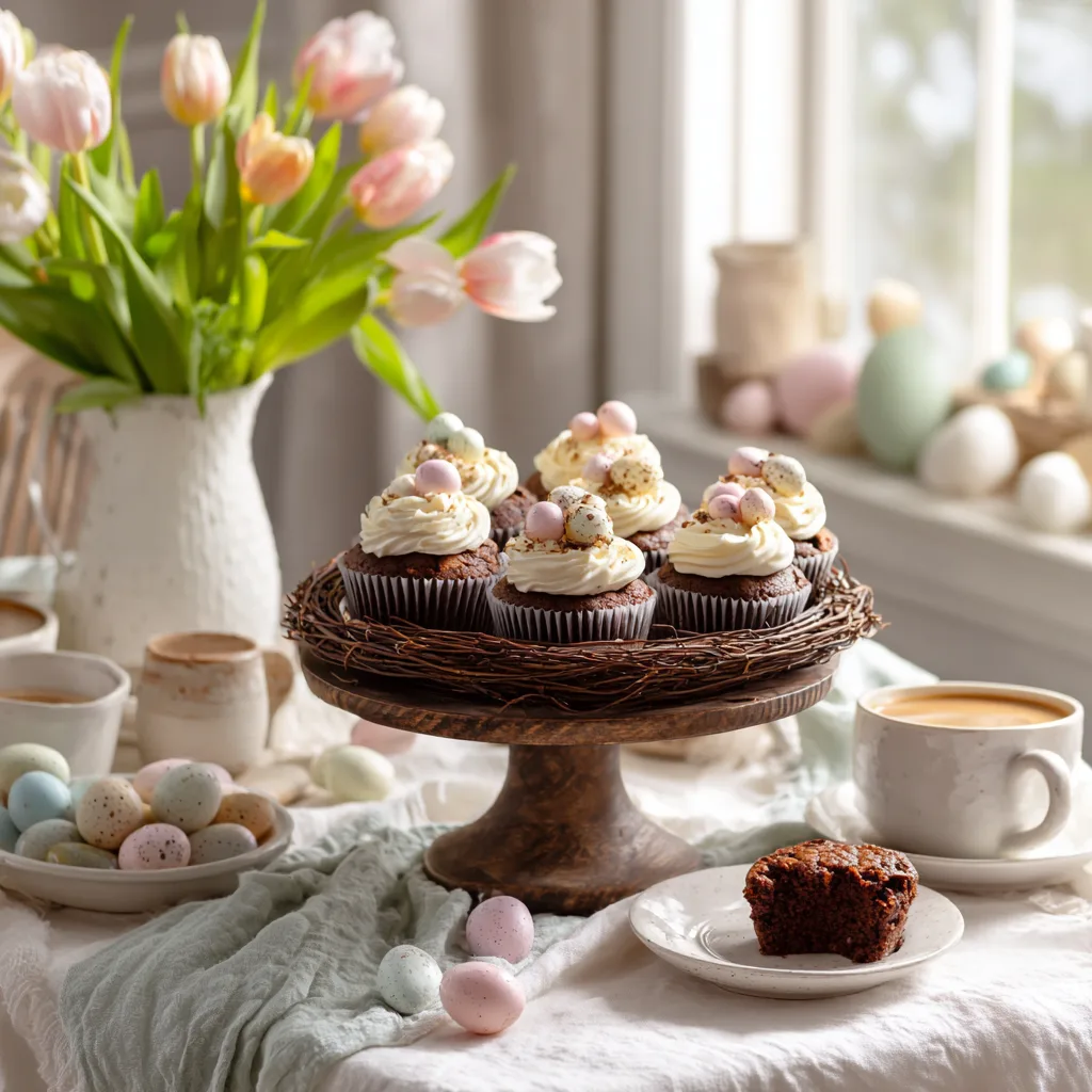 Cupcakes en forme de nid de Pâques servis sur table festive avec café et décoration printanière