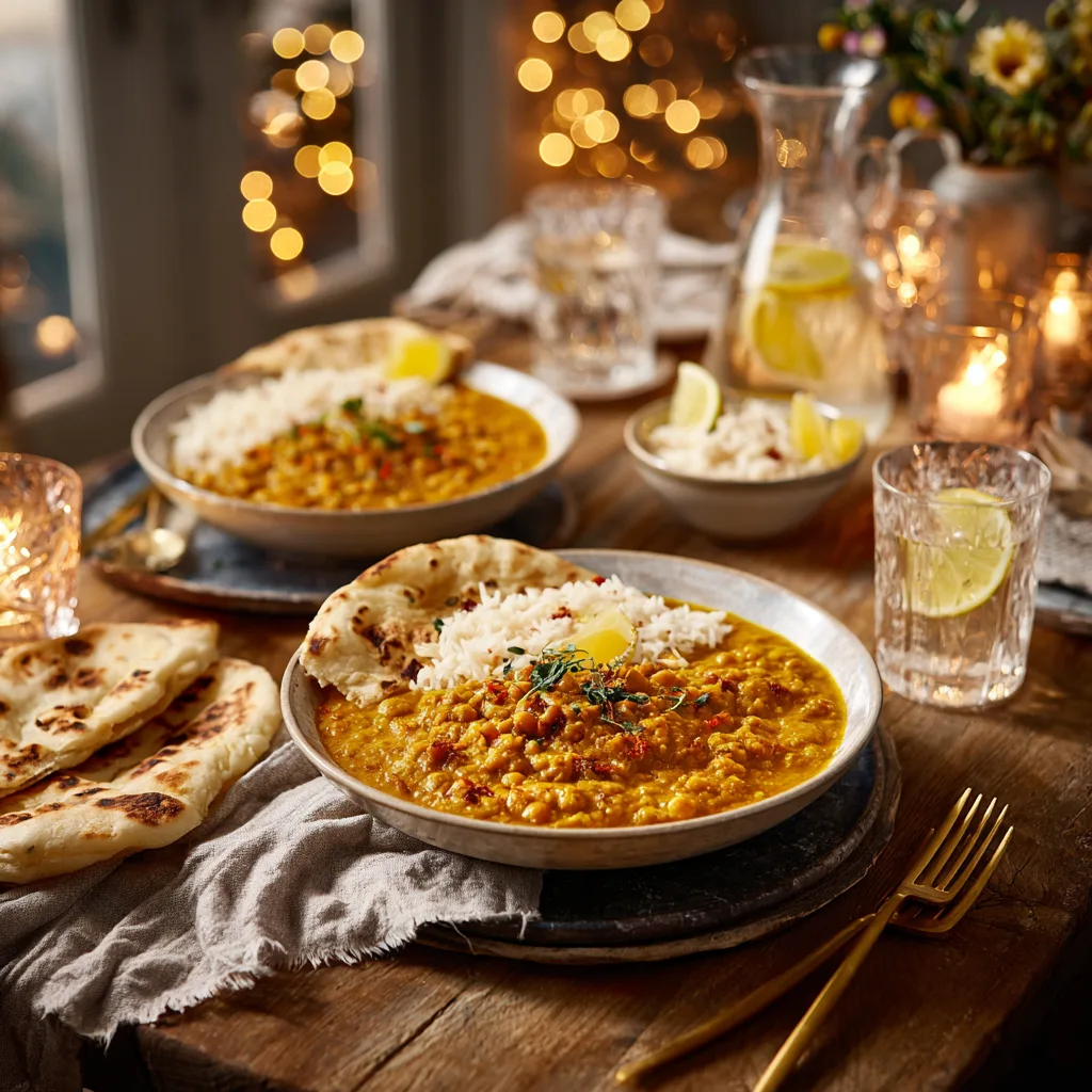 Présentation complète du curry indien lentilles avec riz basmati et naans sur une table dressée