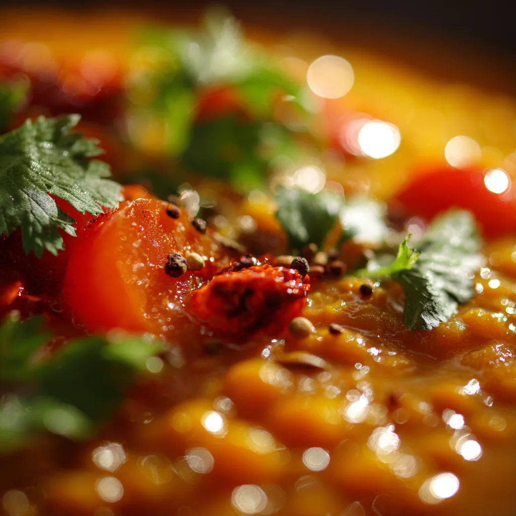Gros plan sur la texture crémeuse du curry indien lentilles avec lait de coco et coriandre fraîche