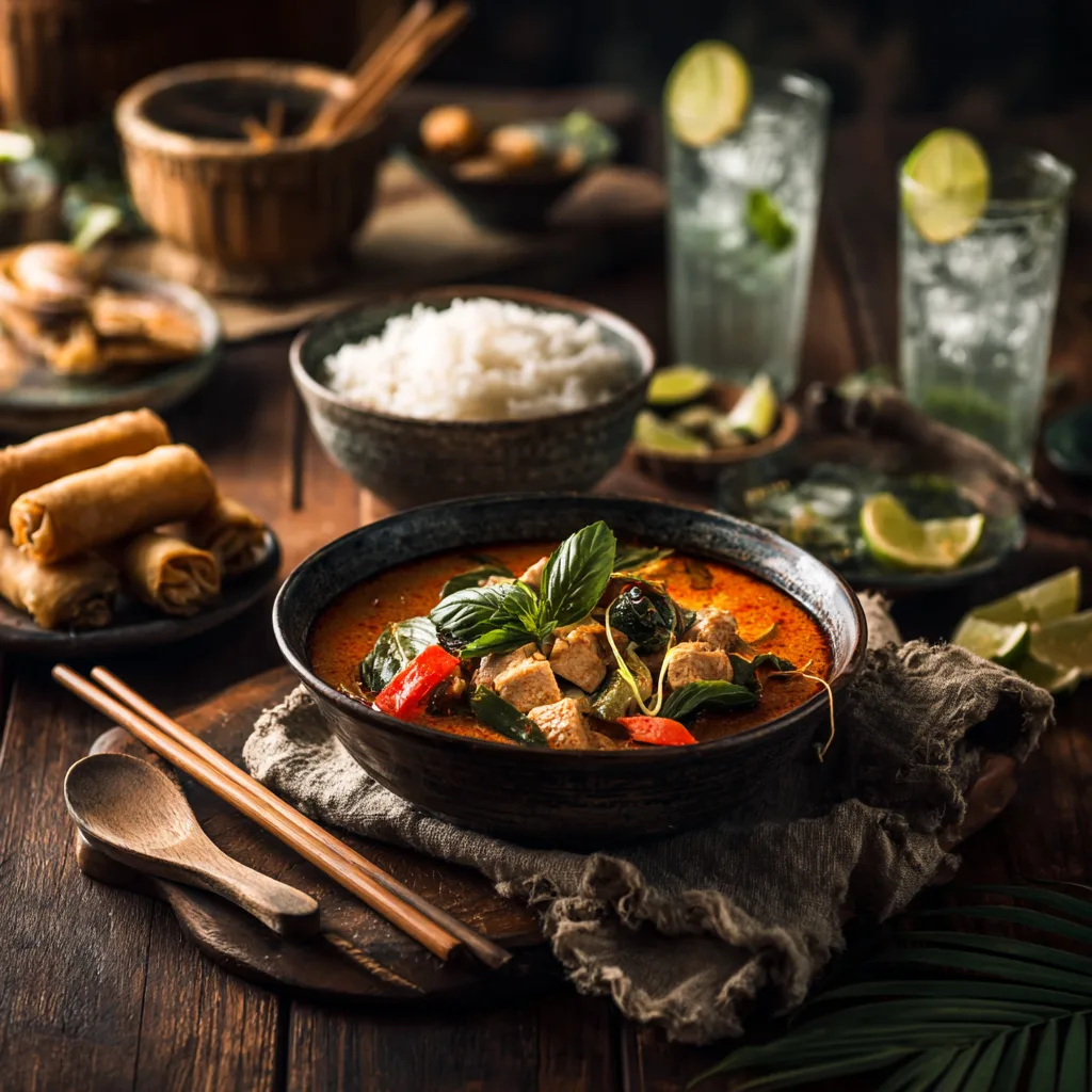 Curry thaï rouge servi sur une table dressée avec riz et accompagnements traditionnels