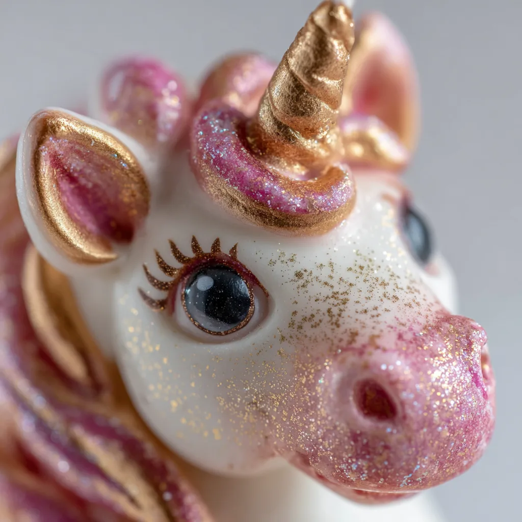 Gros plan des détails de la Licorne en Chocolat XXL avec corne dorée et yeux peints