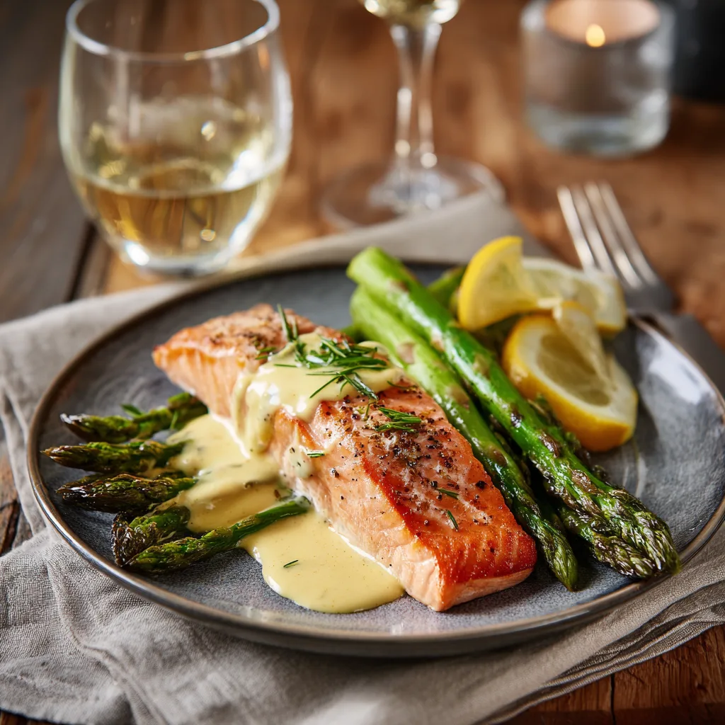 Dressage élégant pavé de saumon sauce béarnaise asperges vertes et citron