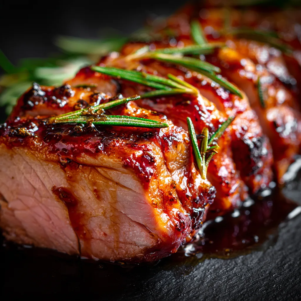 Gros plan texture tendre et rosée filet de porc au romarin cuit au four